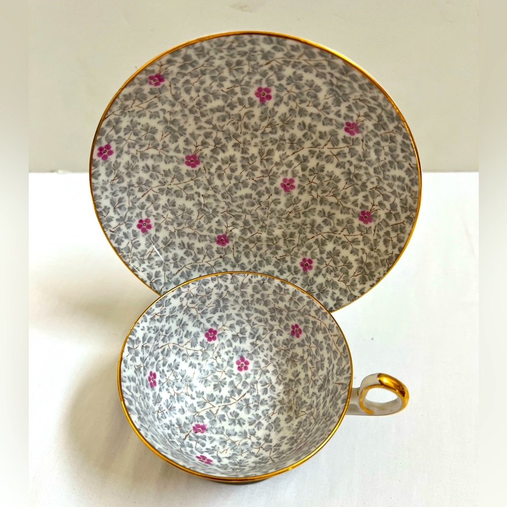 Old Royal Tea Cup and Saucer Gray Pink Chintz Blossom Bone China England #2972 - Picture 10 of 10